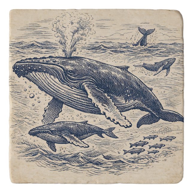 Vintage Humpback Whale Pod Engraving Trivet (Front)
