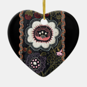 Vintage Hungarian Embroidery on Black Ceramic Ornament
