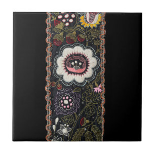 Vintage Hungarian Embroidery on Black Ceramic Tile