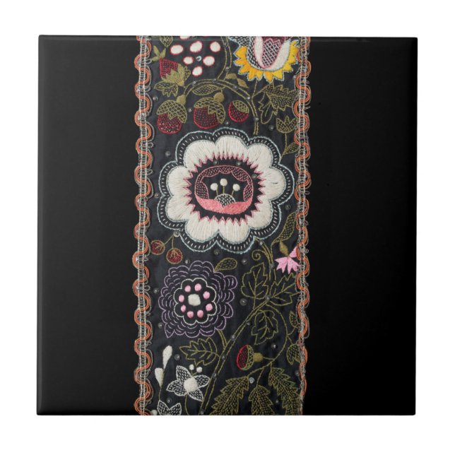 Vintage Hungarian Embroidery on Black Ceramic Tile (Front)