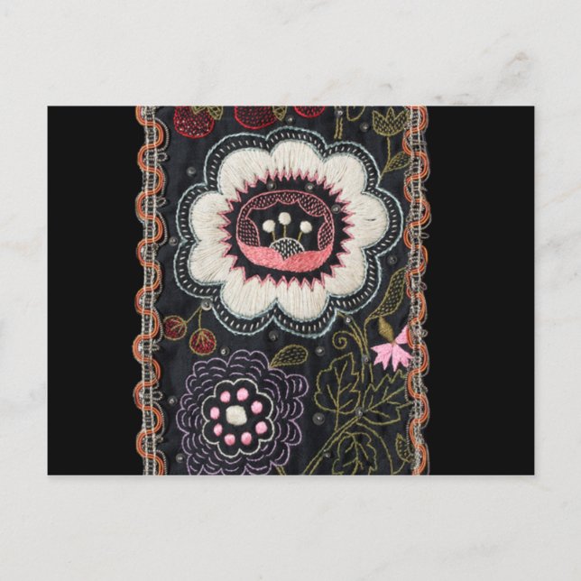 Vintage Hungarian Embroidery on Black Postcard (Front)