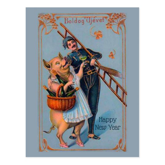 Vintage Hungarian Happy New Year Boldog Újévet Postcard