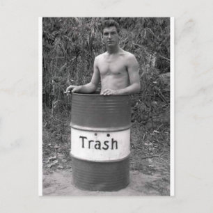 Vintage Hunk in Trash Can Postcard