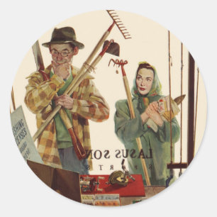 Vintage Husband and Wife with Gardening Tools Classic Round Sticker