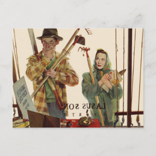 Vintage Husband and Wife with Gardening Tools Postcard
