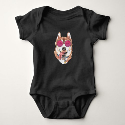 Vintage Husky Dog with 80s 90s Sunglasses Cute Pet Baby Bodysuit