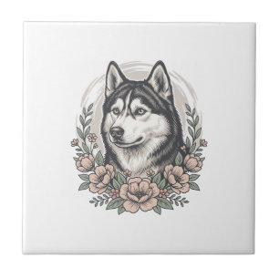 Vintage Husky Floral Portrait Shirt Design_1 Ceramic Tile