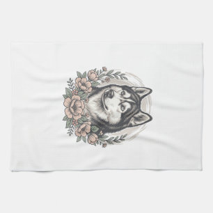 Vintage Husky Floral Portrait Shirt Design_1 Kitchen Towel