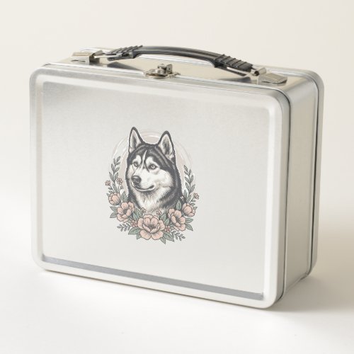 Vintage Husky Floral Portrait Shirt Design_1 Metal Lunch Box