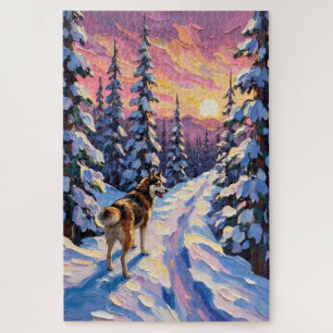 Vintage Husky on Snowy Christmas Forest Trail Jigsaw Puzzle