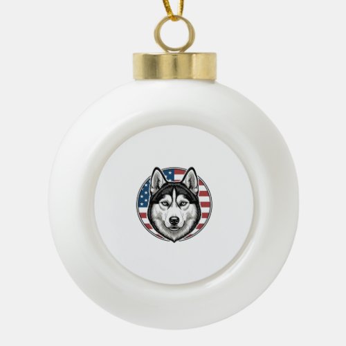 Vintage Husky Patriotic Dog Vector Shirt Design_1 Ceramic Ball Christmas Ornament