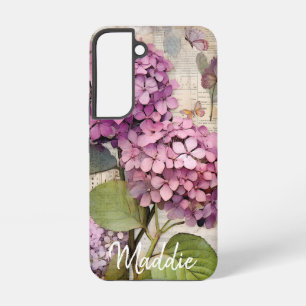 Vintage Hydrangea & Butterfly Pink Personalized Samsung Galaxy S22 Case