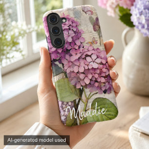 Vintage Hydrangea & Butterfly Pink Personalized Samsung Galaxy S22 Case
