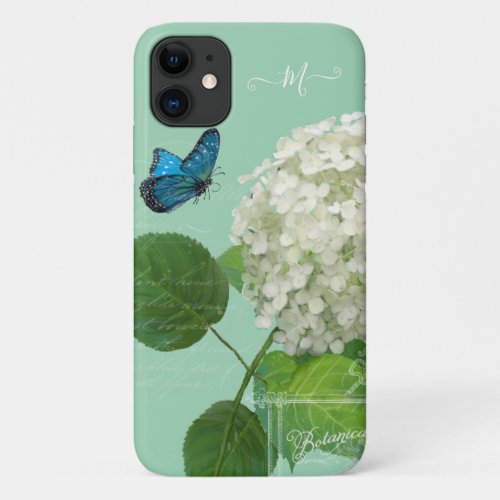 Vintage Hydrangea Floral Blue Butterfly w Neo Mint iPhone 11 Case