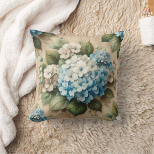 Vintage Hydrangea Floral on Burlap Throw Pillow