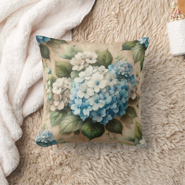 Vintage Hydrangea Floral on Burlap  Throw Pillow (Blanket)