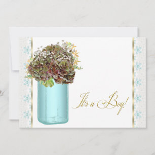 Vintage Hydrangea Mason Jar Baby Boy Shower Invitation