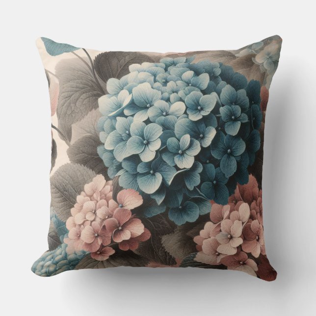 Vintage Hydrangea Pink and Blue Throw Pillow (Front)