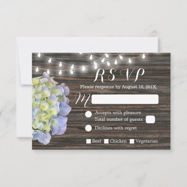 Vintage Hydrangea String Lights Barn Wood RSVP Card (Front)