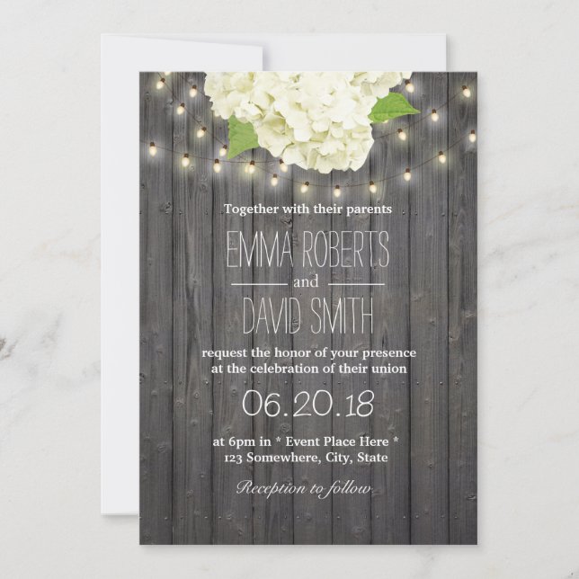 Vintage Hydrangea String Lights Barn Wood Wedding Invitation (Front)