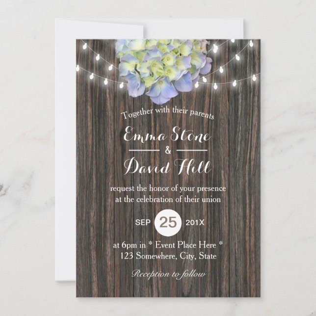 Vintage Hydrangea String Lights Barn Wood Wedding Invitation (Front)