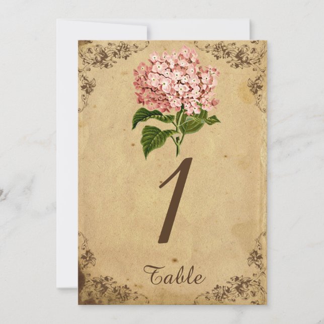 Vintage Hydrangea Wedding Table Number (Front)