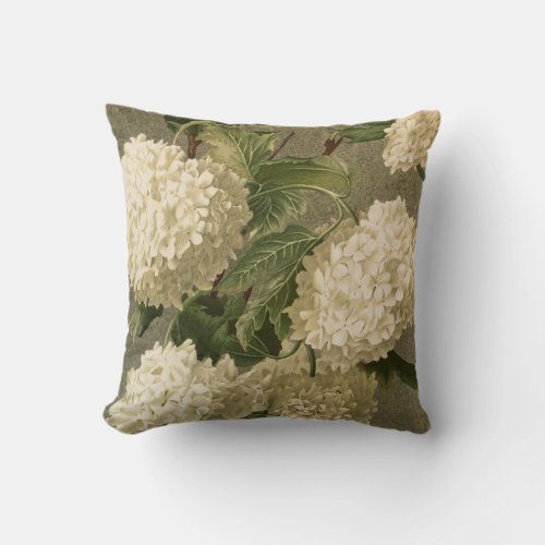 Vintage Hydrangea White Green and Grey Floral Throw Pillow