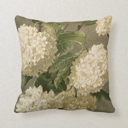 Vintage Hydrangea, White Green And Grey Floral Throw Pillow