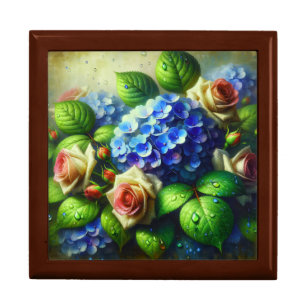 “Vintage Hydrangeas and Roses in Rain" Keepsake Gift Box