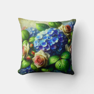 “Vintage Hydrangeas and Roses in Rain" Throw Pillow