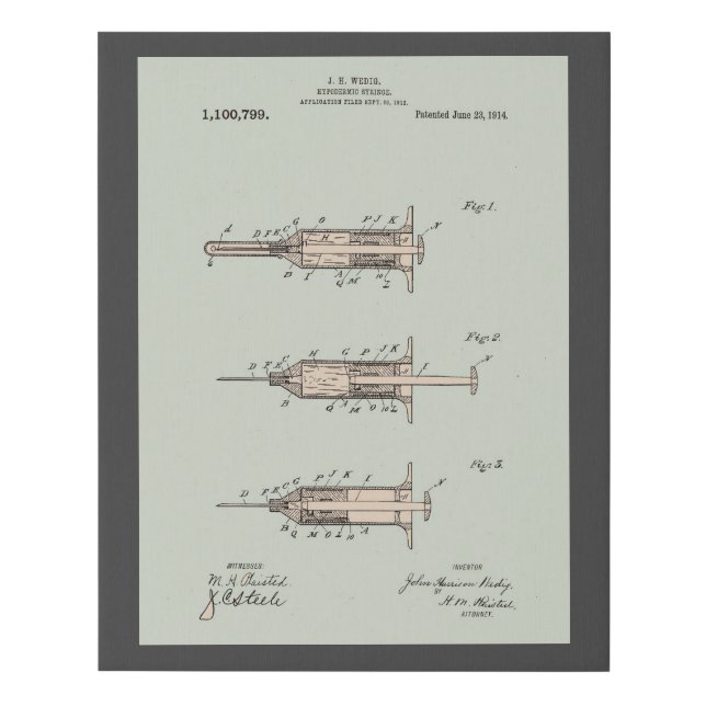 Vintage Hypodermic Syringe Patent Illustration Faux Canvas Print (Front)