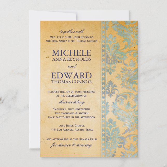 Vintage Ice Blue Damask Lace Wedding Invitation (Front)