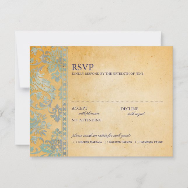 Vintage Ice Blue Damask Lace Wedding RSVP Card (Front)