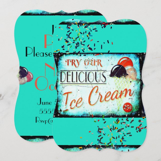 Vintage ice cream parlor sign turquoise invitation (Front/Back)