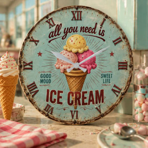 Vintage Ice Cream Retro Kitchen Large Clock