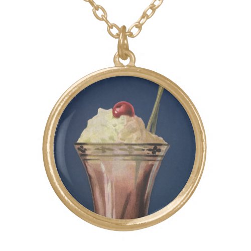 Vintage Ice Cream Shake Whipped Cream  Cherry Gold Plated Necklace