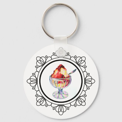 Vintage ice cream sundae white red black keychain