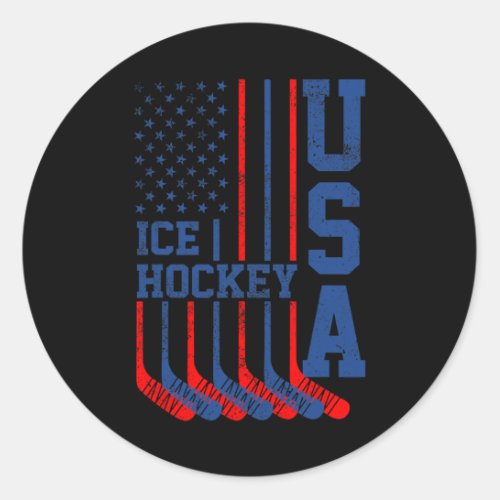 Vintage Ice Hockey 4th Of July Men Usa American Fl Classic Round Sticker