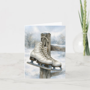 Vintage Ice Skates On Fence Post Card