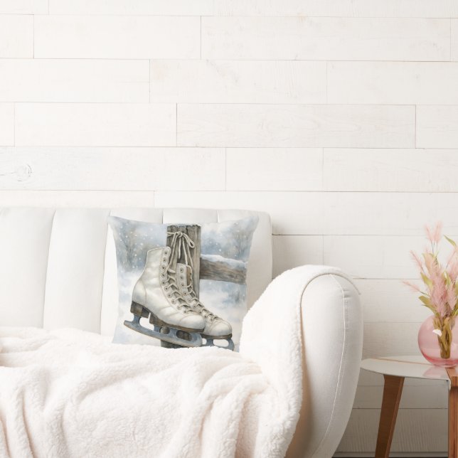 Vintage Ice Skates On Fence Post Throw Pillow (Couch)