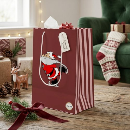 Vintage Ice Skating Santa Christmas burgundy Medium Gift Bag