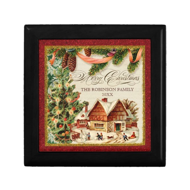 Vintage Ice Skating Ski Lodge Christmas Tree Box (Front)