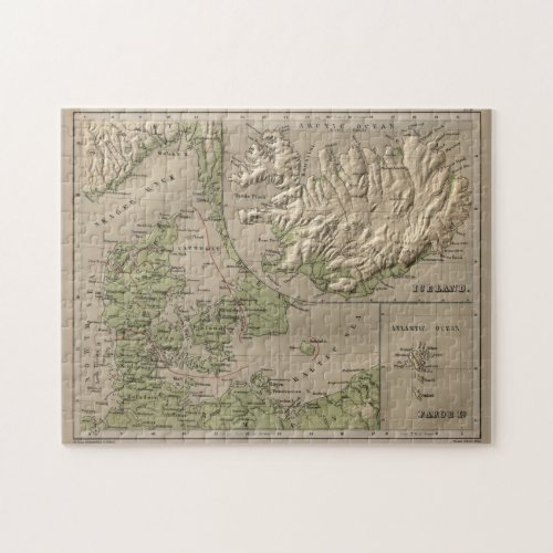 Vintage Iceland and Denmark Physical Map 1880 Jigsaw Puzzle