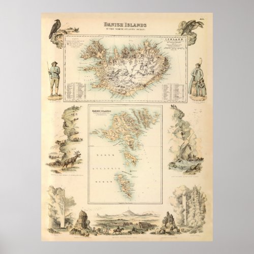 Vintage Iceland  Faroe Islands Map 1872 Poster
