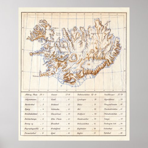 Vintage Iceland Topography Map 1896 Poster