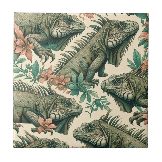 Vintage Iguana Pattern Ceramic Tile (Front)