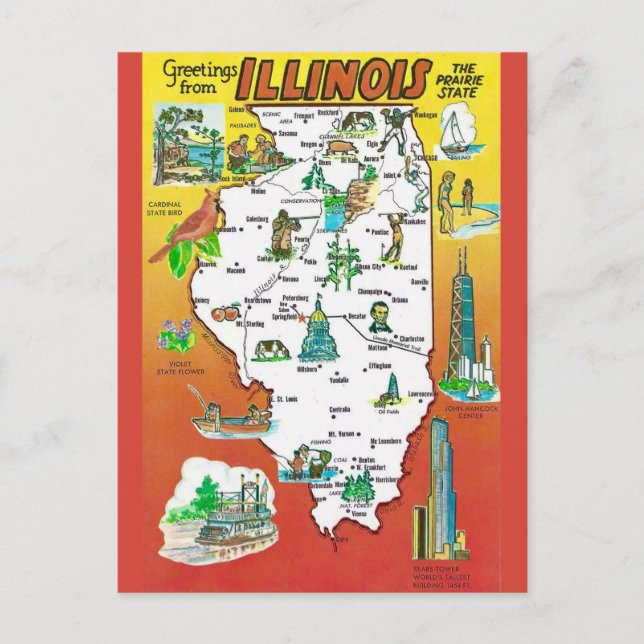 Vintage Illinois Prarie State Map Postcard (Front)