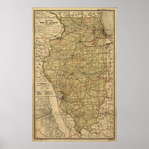 Vintage Illinois Railroad Map 1897 Poster