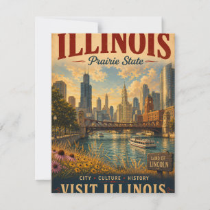 Vintage Illinois Travel Poster with Cityscape, Riv Note Card