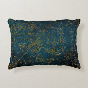 Vintage Illustrated Dark Blue & Gold Star Map Accent Pillow
